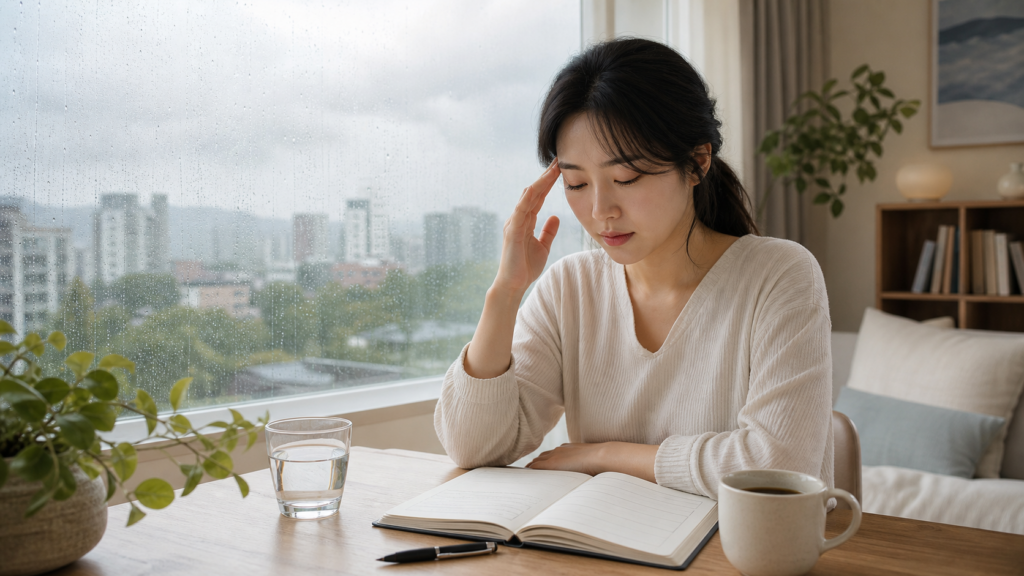 장마철 저기압 두통 걱정될 때 수면과 카페인 기록을 설명하는 생활 이미지