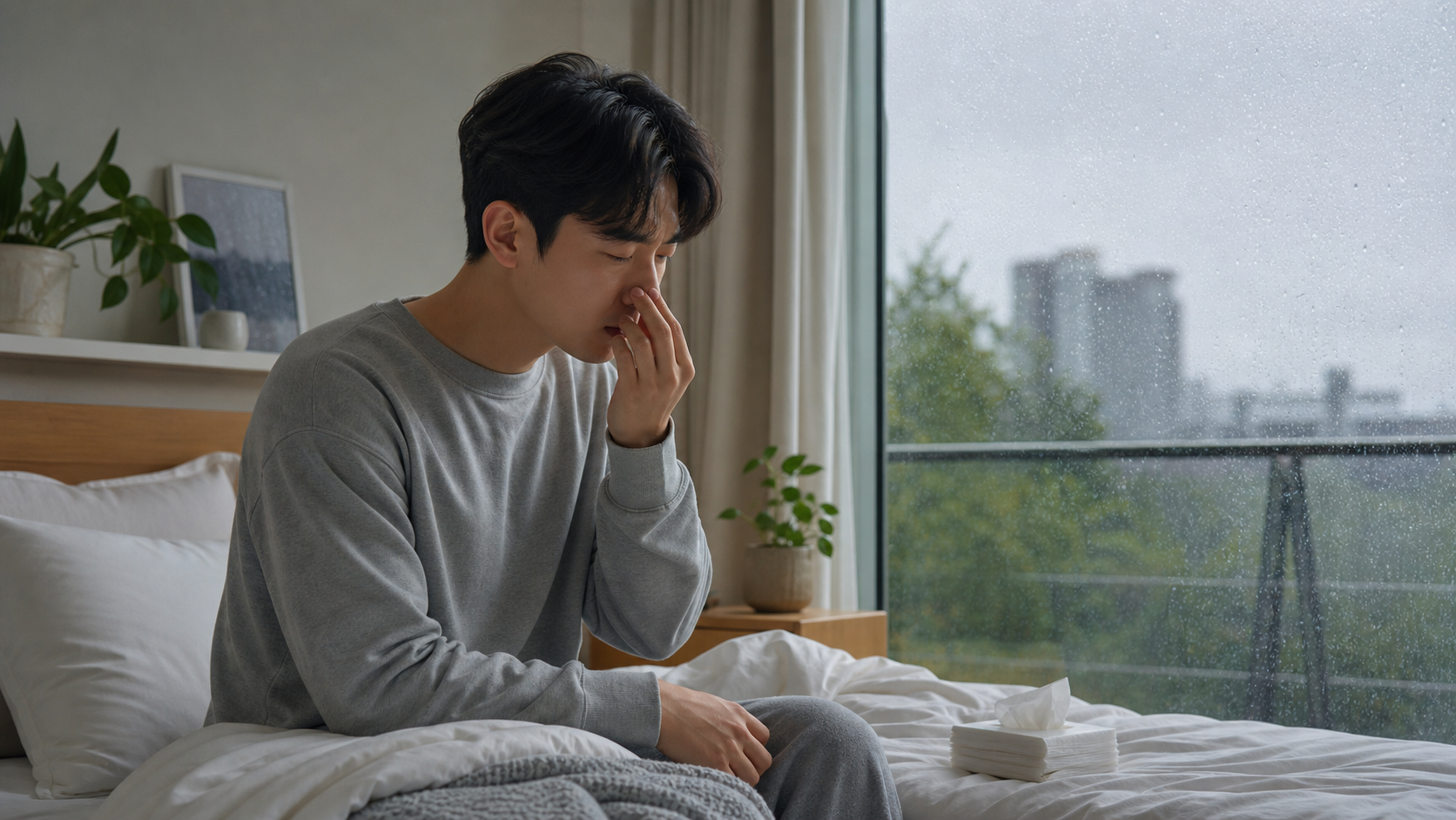 재채기와 코막힘 같은 알레르기 신호를 생활 장면으로 표현한 이미지