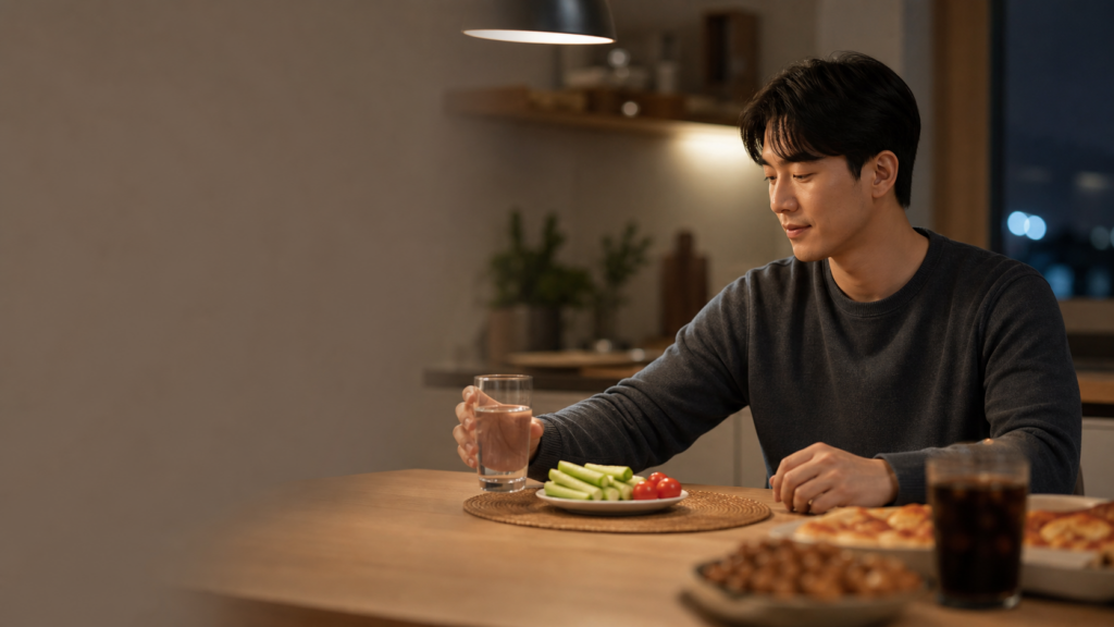 중성지방 수치와 야식 음료 습관을 함께 보여주는 식탁 이미지