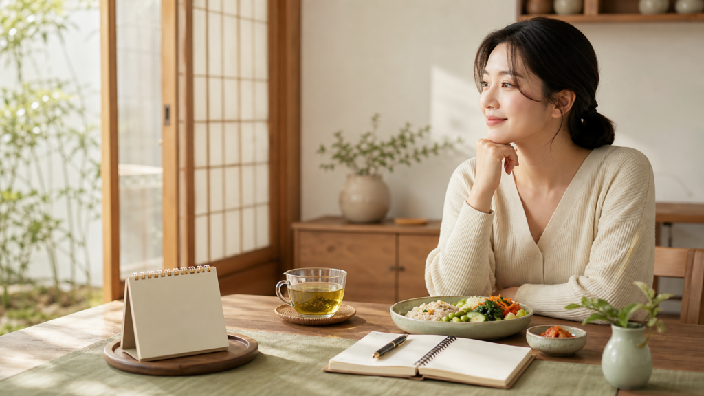 복부팽만이 심할 때 전날 식사와 장 건강 기록표를 확인하는 편안한 식탁 장면