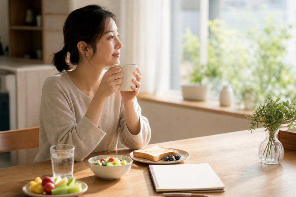 아침 공복 커피와 혈당 생활 기록을 떠올리게 하는 밝은 식탁 이미지