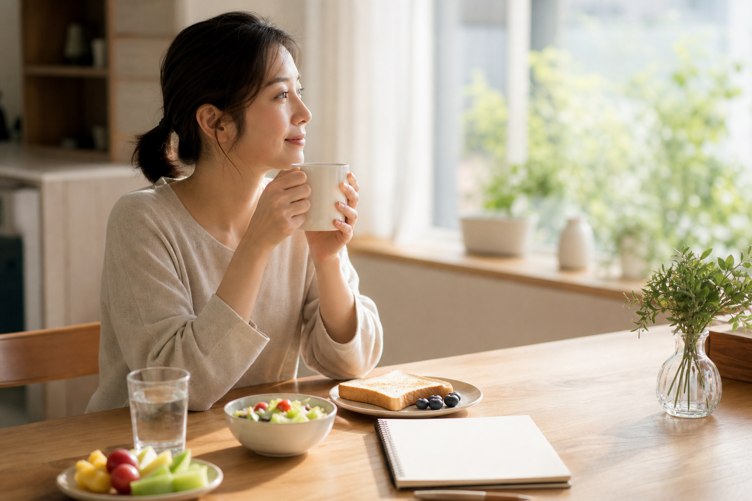 아침 공복 커피와 혈당 생활 기록을 떠올리게 하는 밝은 식탁 이미지