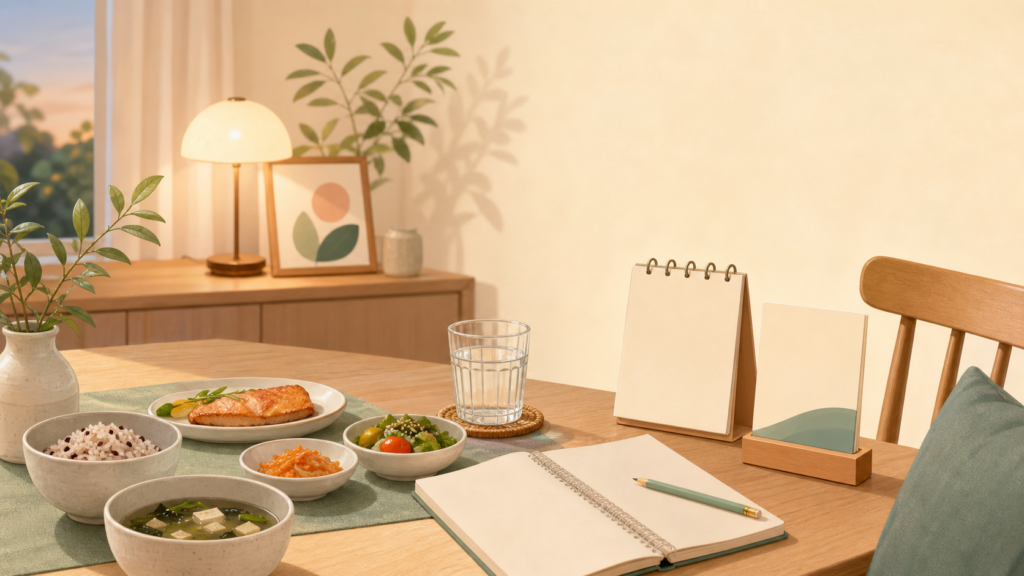 복부팽만감 원인을 찾기 위해 저녁 식사와 화장실 리듬을 차분히 기록하는 식탁 일러스트
