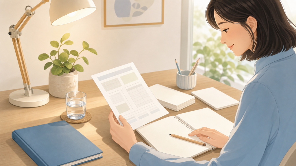 혈액검사 결과지를 항목별로 나눠 적는 차분한 책상 기록 일러스트