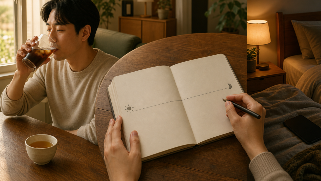 오후 아이스커피와 차를 마신 시각을 빈 수면 기록장에 적고 저녁 조명을 낮추는 차분한 생활 장면