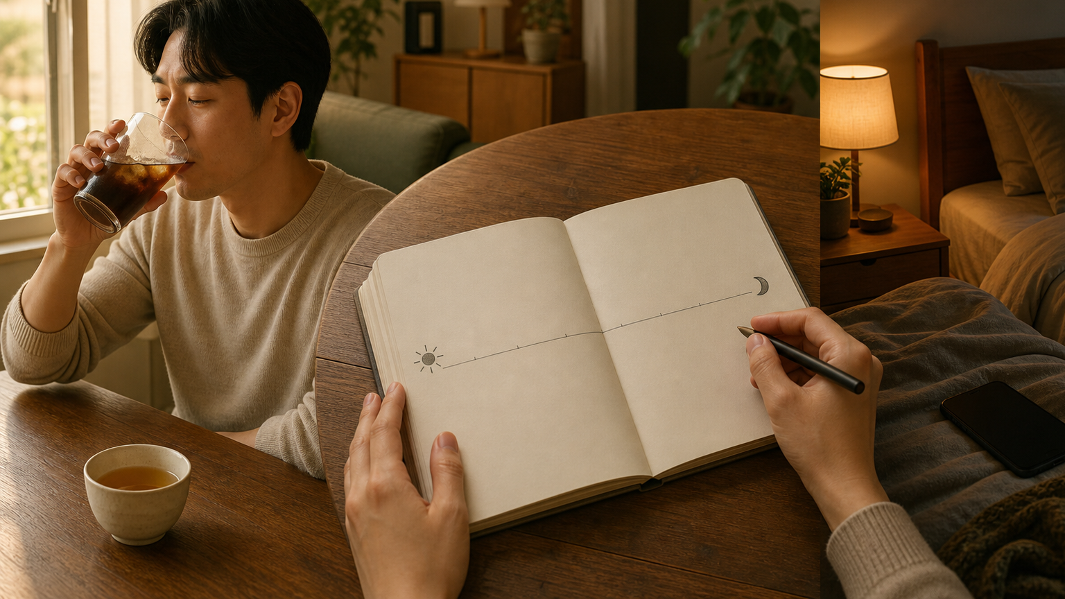 오후 아이스커피와 차를 마신 시각을 빈 수면 기록장에 적고 저녁 조명을 낮추는 차분한 생활 장면