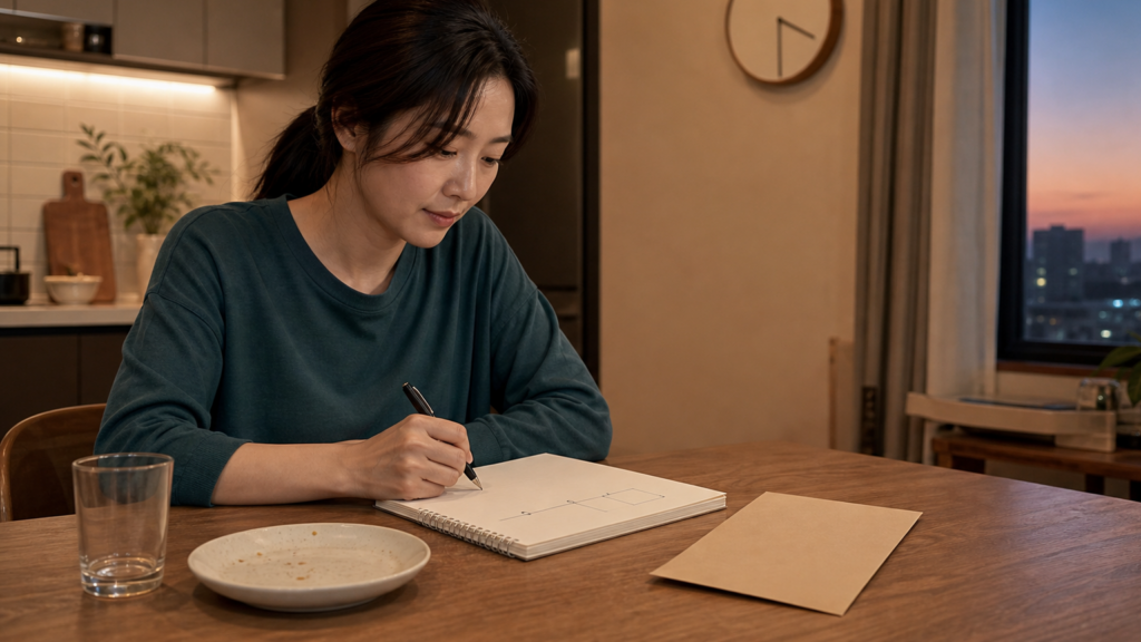 검진 전날 야식을 먹은 시각과 검사 안내를 빈 기록지에 정리하는 차분한 늦은 밤 장면