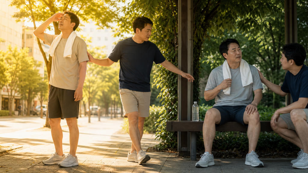 폭염 외출 중 어지럼을 느낀 사람이 그늘로 이동해 동행과 함께 물과 젖은 수건으로 몸을 식히는 장면