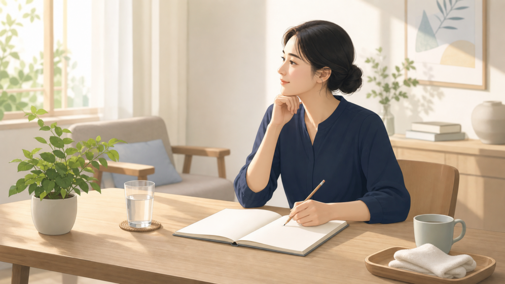 혈압 높게 나온 뒤 측정 조건과 생활 기록을 차분히 정리하는 책상 일러스트