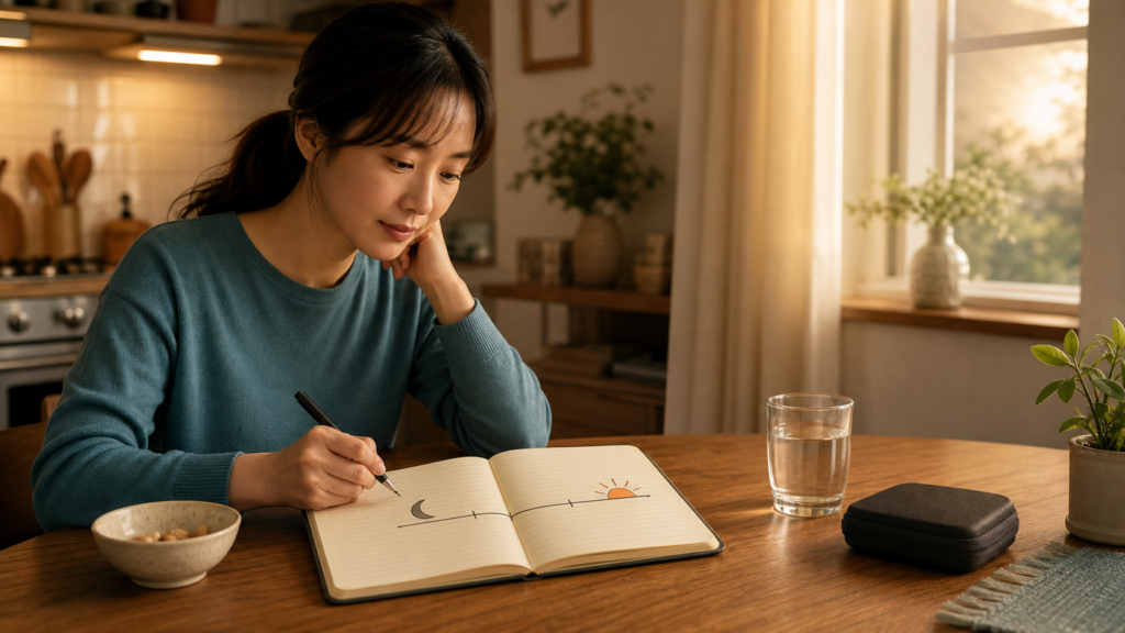 야식 혈당을 확인하려고 늦은 식사 시각과 다음 날 아침 상태를 빈 기록장에 적는 생활 장면