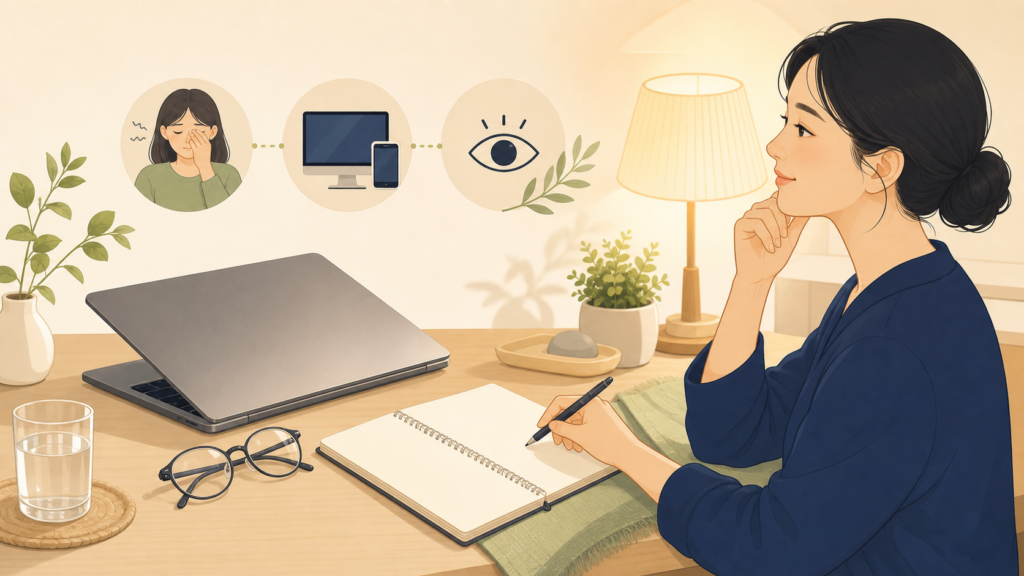 눈 피로와 화면 시간, 휴식 메모를 차분히 정리하는 책상 일러스트