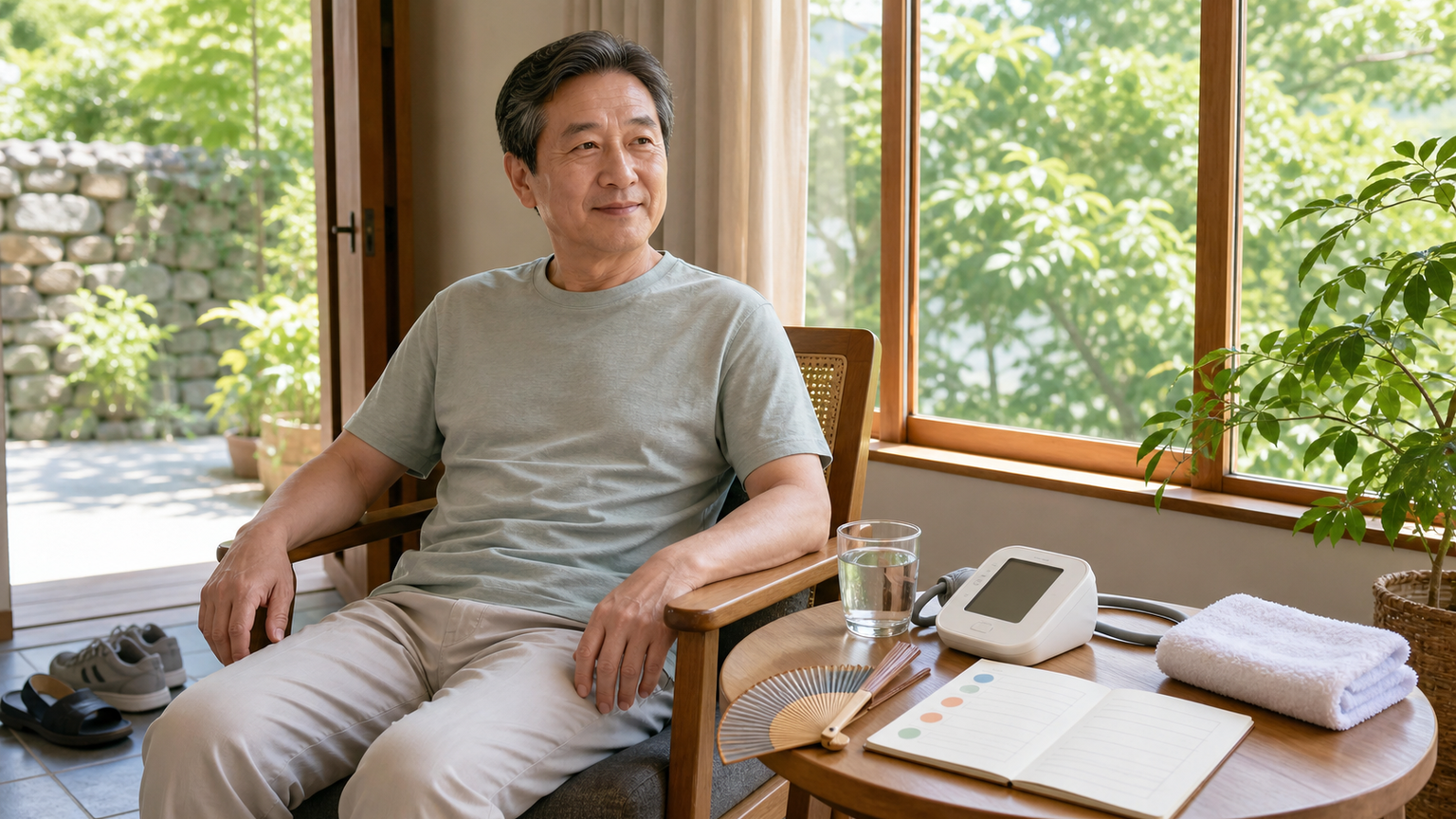 더운 날 실내 의자에 앉아 쉬며 빈 화면 혈압계와 물컵, 약 목록 기록장을 확인하는 장면