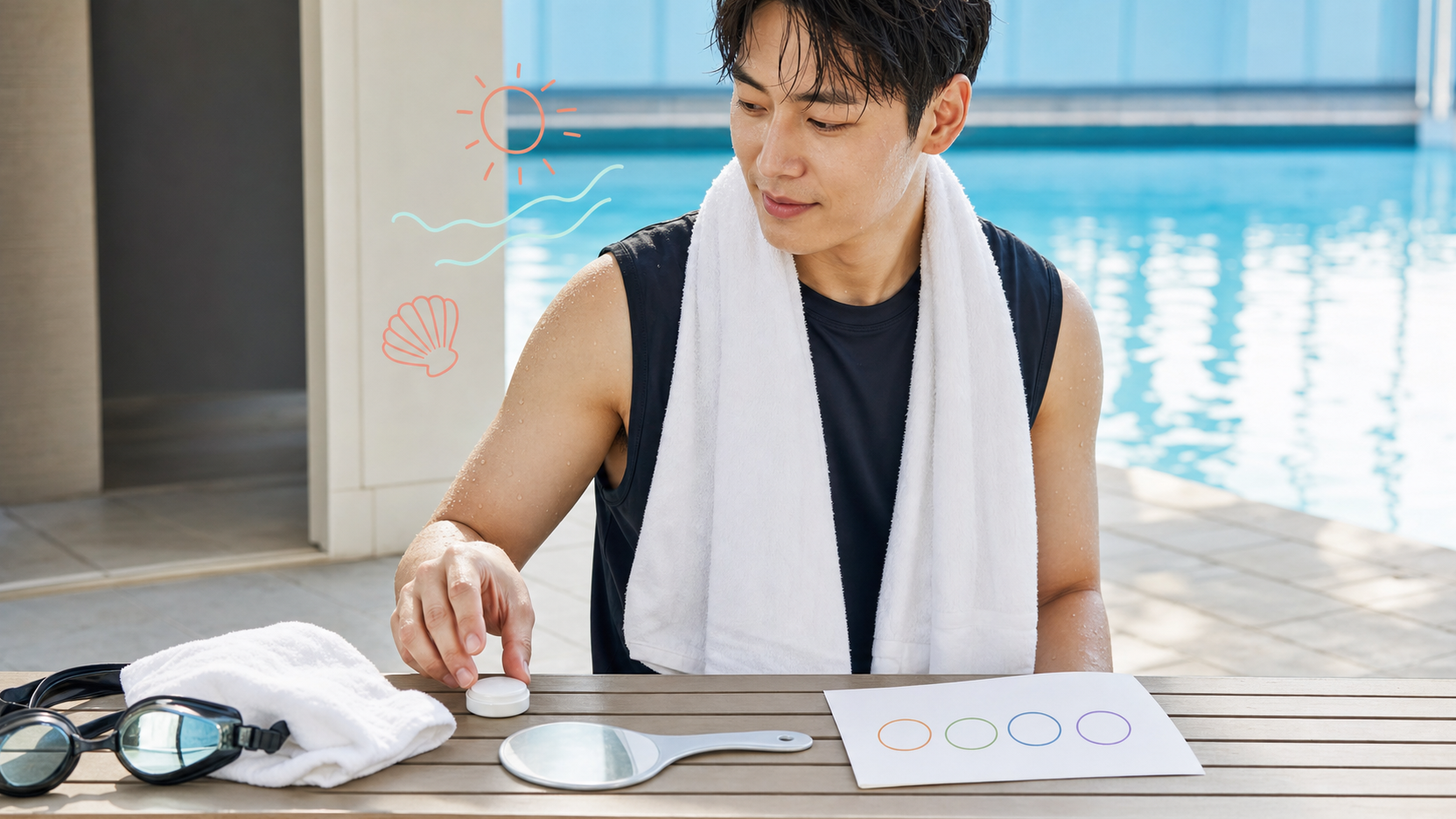 물놀이 뒤 깨끗한 수건과 수경, 렌즈 케이스를 옆에 두고 눈 상태 기록표를 확인하는 장면