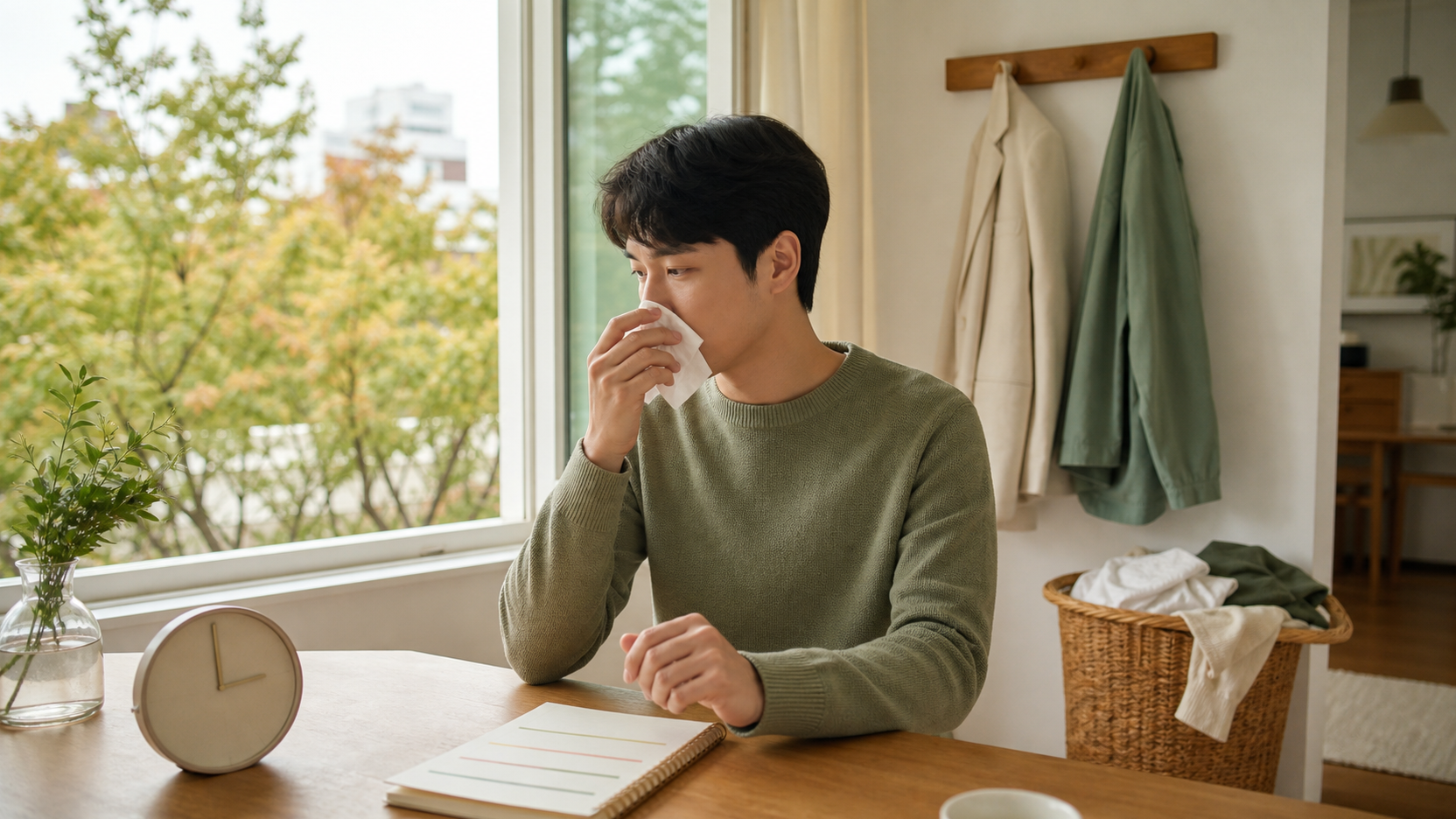 가을 알레르기 비염 재채기와 창문 노출 기록 가을 창가에서 재채기 노출 시간을 기록하는 글자 없는 수첩과 세탁된 겉옷이 있는 편안한 실내