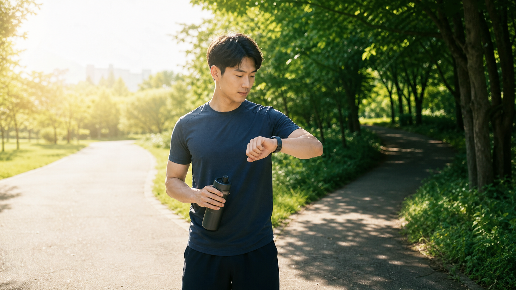 여름 공원의 햇빛 구간과 그늘 구간 앞에서 물병과 손목시계를 확인하며 운동 계획을 조정하는 성인