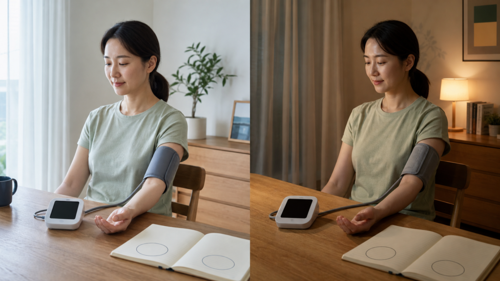 아침빛과 저녁빛이 나뉜 집에서 같은 의자와 팔 위치로 혈압을 기록하는 성인의 차분한 생활 장면