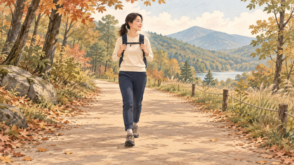 긴소매와 긴바지, 발목을 덮는 신발을 착용하고 풀숲을 피해 가을 산책로를 걷는 사람