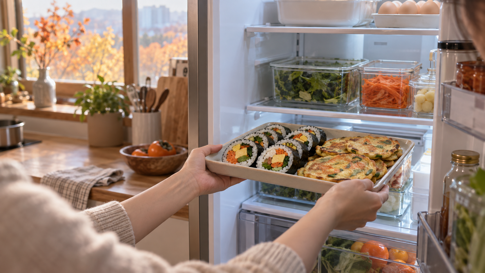 가을 부엌에서 김밥과 전을 식힌 뒤 냉장고 쪽으로 옮기는 손과 벽시계를 글자 없이 담은 차분한 장면